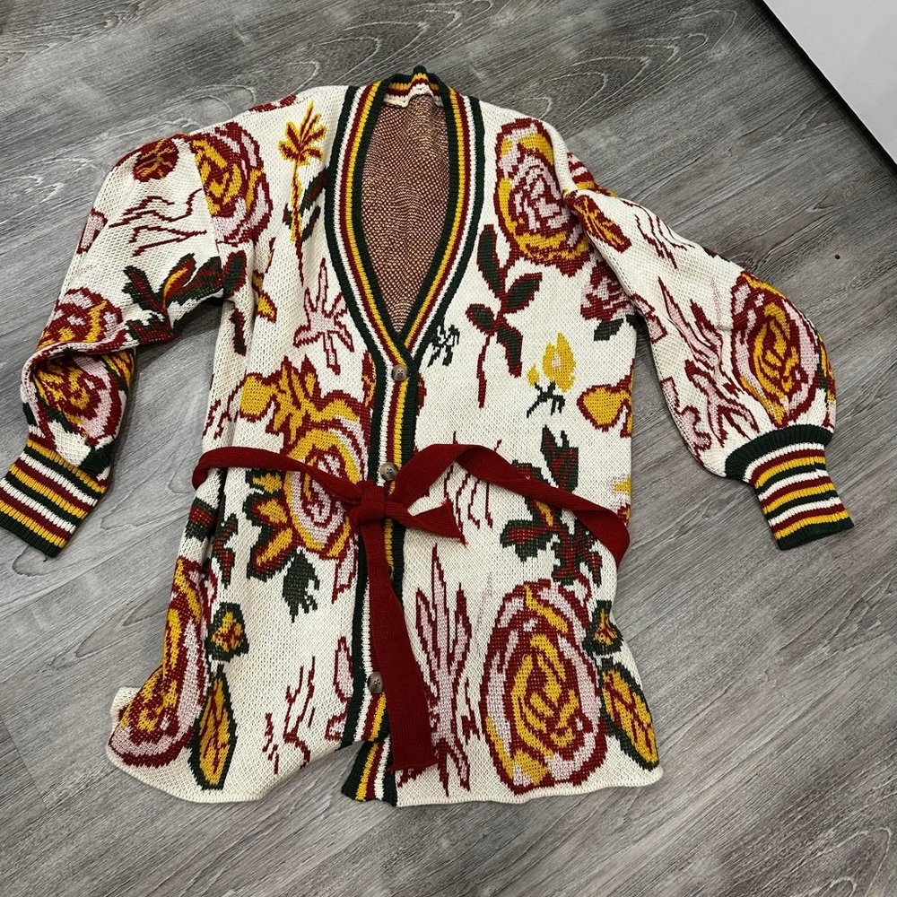 Floral Knit Cardigan with Belt